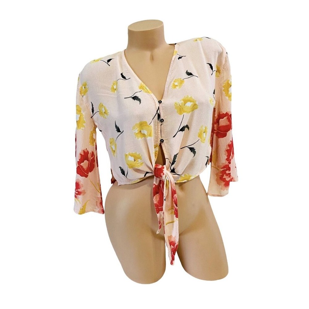 Billabong Women’s‎ EXTRA SMALL Crop Desert Sunrise Tie Front Top Peach Blouse